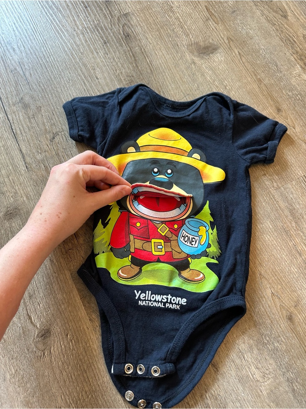 Yellowstone National Park Interactive Infant Black Bear Graphic One-Piece onsie